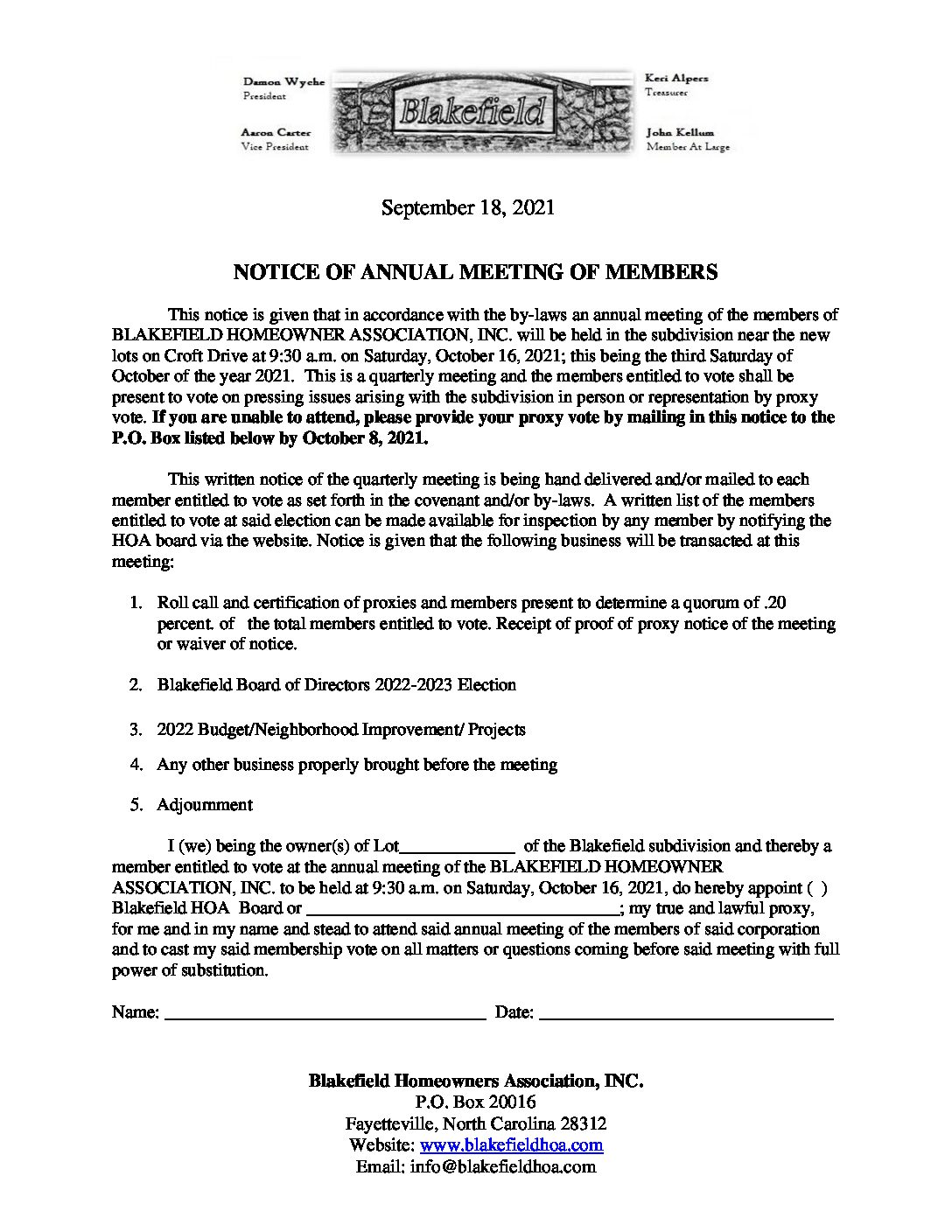 October 16, 2021 Meeting Notice (Proxy)